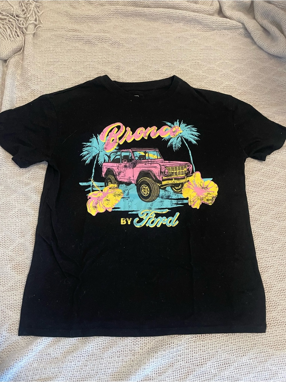 Ford Kids Black Tee with Pink Bronco and Yellow & Aqua Tropical Accents